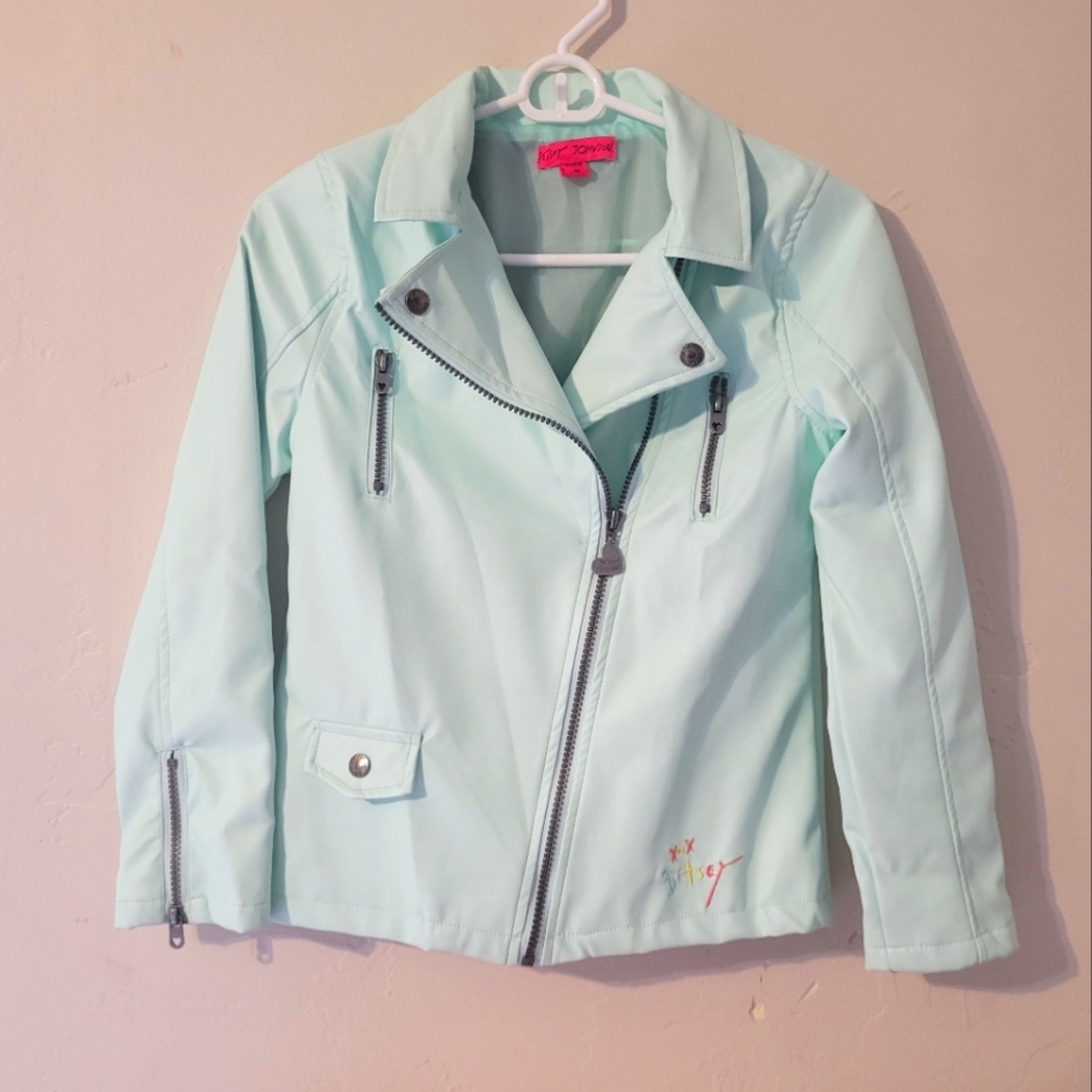 Betsey Johnson Light Mint Green Faux Leather Girl's Size 12 Moto Jacket